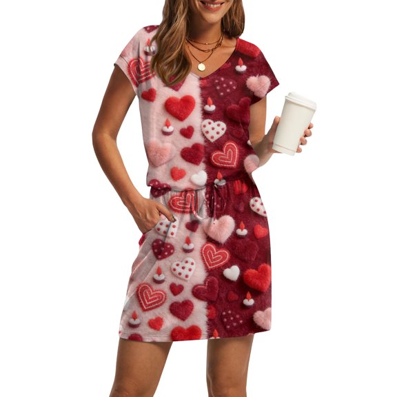 Ladies V Neck Short Sleeve Casual Dress with Drawstring Waist Pockets Valentine Heart Pattern Soft Fabric Comfortable Loungewear for Women Home Relaxing, Sizes s-2xl
