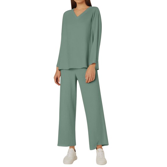 Ladies' V-Neck Solid Color Linen Two Piece Set - Polyester Fabric - Loose Casual Style