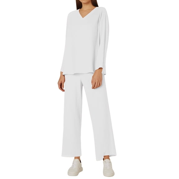 Ladies' V-Neck Solid Color Linen Two Piece Set - Polyester Fabric - Loose Casual Style