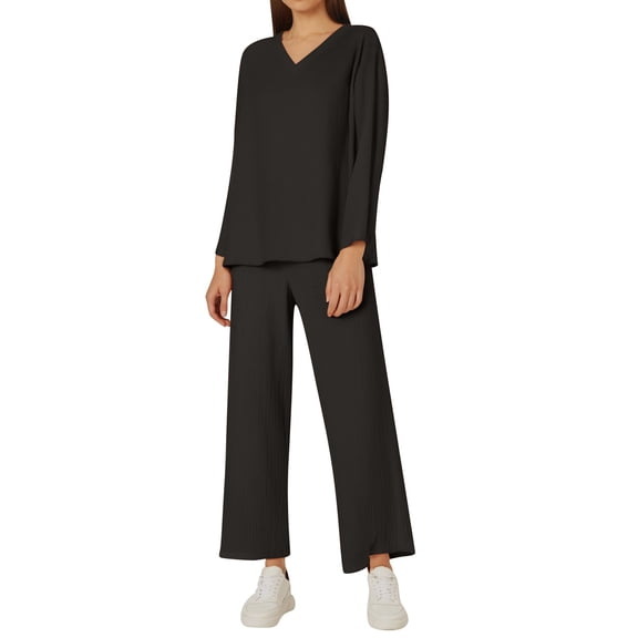 Ladies' V-Neck Solid Color Linen Two Piece Set - Polyester Fabric - Loose Casual Style