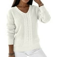 thumbnail image 1 of Ladies V Neck Sweaters, Trendy Cable Knit Plain Sweater Long Sleeve Warm Comfy Pullover Tops Casual Lightweight (3X-Large, White), 1 of 5