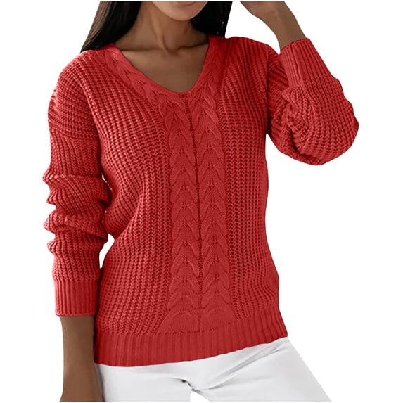 Ladies V Neck Sweaters, Trendy Cable Knit Plain Sweater Long Sleeve Warm Comfy Pullover Tops Casual Lightweight (Large, Red)