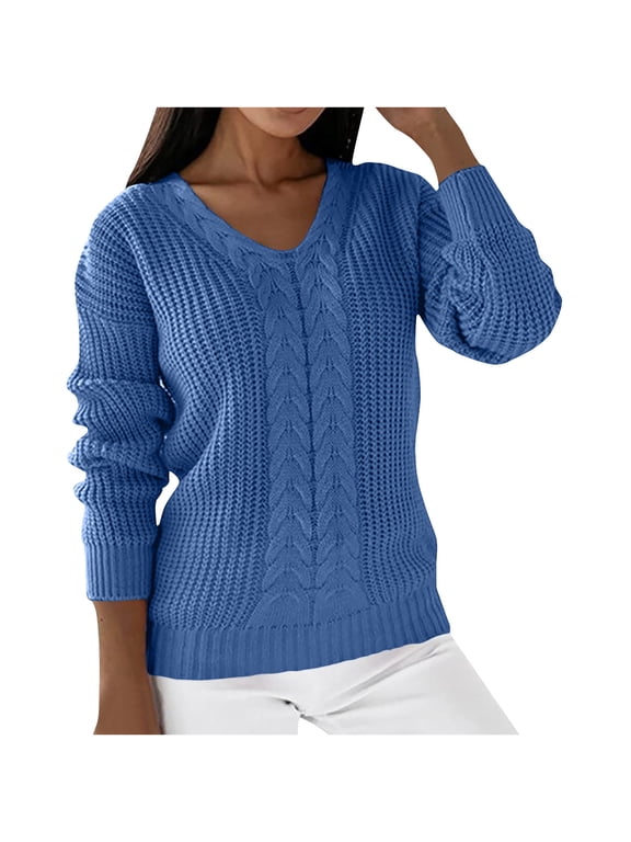 Ladies V Neck Sweaters, Trendy Cable Knit Plain Sweater Long Sleeve Warm Comfy Pullover Tops Casual Lightweight (Medium, Blue)