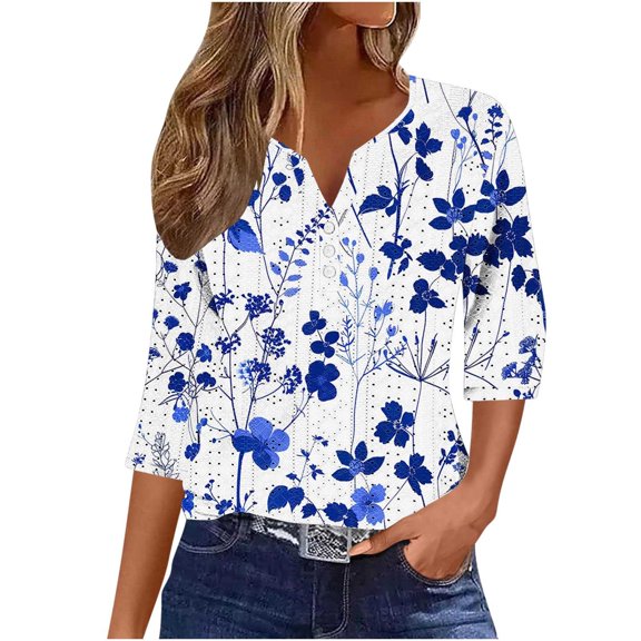 Ladies V Neck T Shirts Womens 3/4 Sleeve Flower Tops, Casual Button V-Neck Summer Eyelet Shirts Loose Fitting Tunic Blouses Blue XL