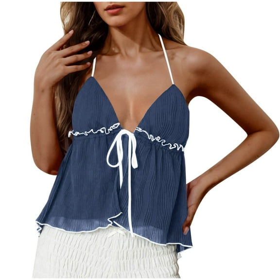 Ladies V Neck Tank Tops Halter Spaghetti Strap Tie Front Backless Camisole Trendy Loose Flowy Color Block Shirts (M, Blue)
