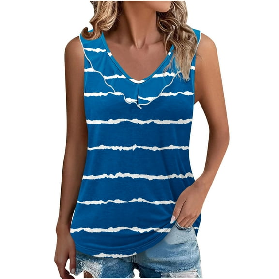 Ladies V Neck Tank Tops Summer Fashion Printed Sleeveless Shirts Casual Loose Fit Ruffle Collar Basic Blouses (XL, Blue)