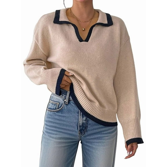 Ladies V Turtle Neck Sweater for Women Color Block Basic Pullover Sweater Winter Fall 2025 Fashion Khaki M