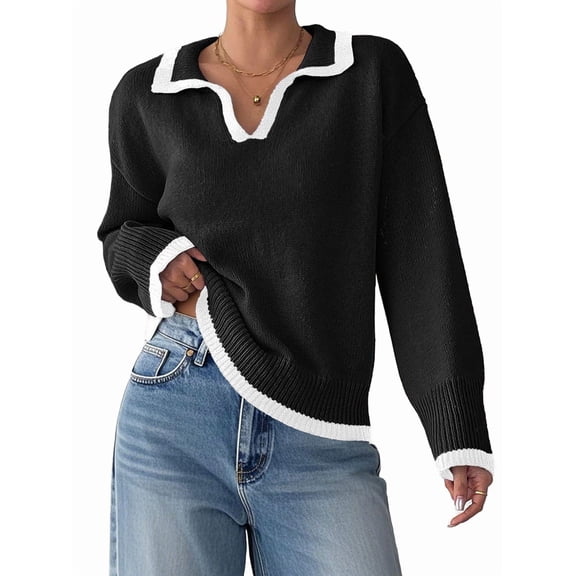 Ladies V Turtle Neck Sweater for Women Color Block Basic Pullover Sweater Winter Fall 2025 Fashion