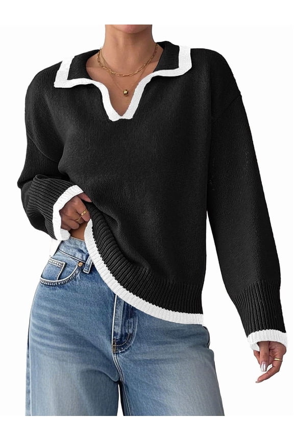 Ladies V Turtle Neck Sweater for Women Color Block Basic Pullover Sweater Winter Fall 2025 Fashion