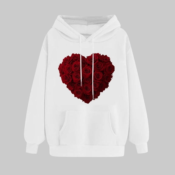 Ladies' Valentine's Day Printed Hoodie Long Sleeve Oversized Fit Hooded Sweatshirt Top
