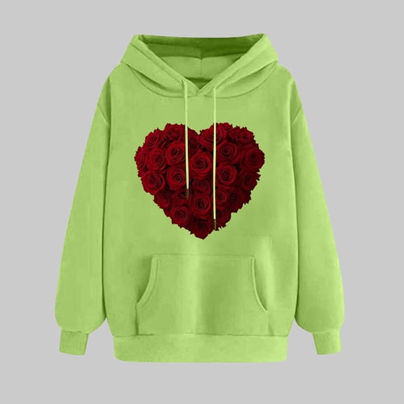 Ladies' Valentine's Day Printed Hoodie Long Sleeve Oversized Fit Hooded Sweatshirt Top