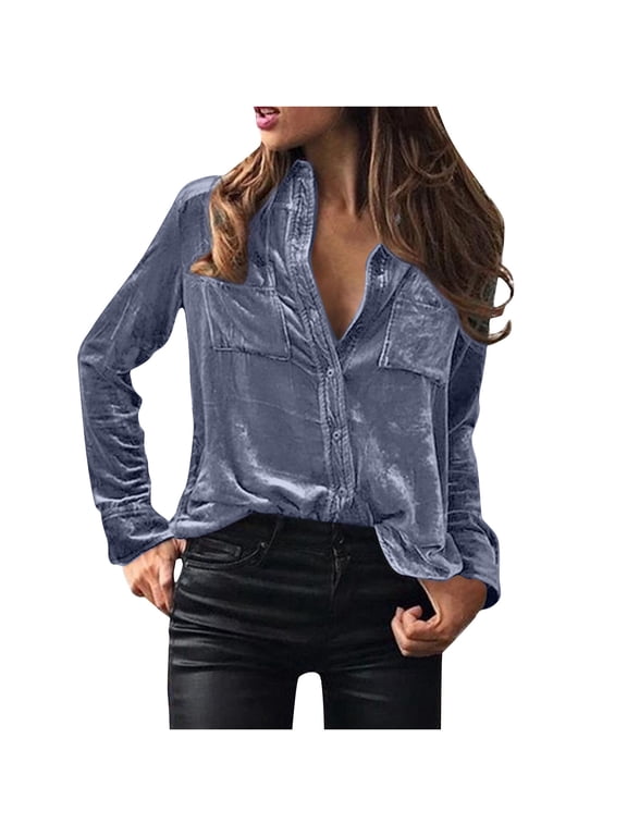 Ladies Velvet Top,Long Sleeve Shirts for Women Fall Fashion Plus Size Dressy Button Down Velvet Tops Vintage Holiday Blouse