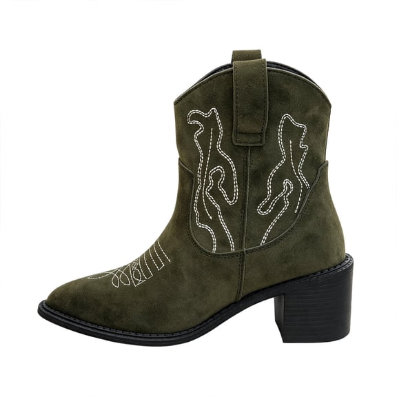 Ladies Versatile Casual Outdoor Embroidered Mid Calf Boots Chunky Heel Slip On Western Style Faux Leather For City Commutes