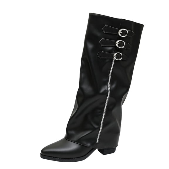 Ladies Versatile Casual Outdoor Pointed Toe Metal Buckle Side Zipper Chunky Heel Fold Over Knee High Boots Faux Leather For City Commutes
