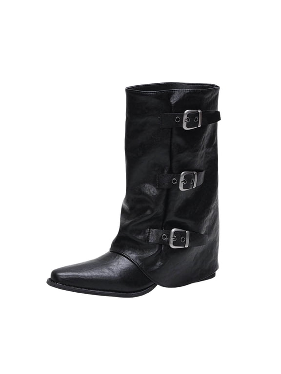 Ladies Versatile Plus Size Pointed Toe Metal Buckle Mid Calf Boots, Comfortable Mid Heel Fall Winter