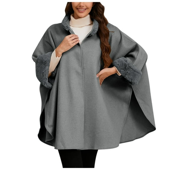 Ladies Vintage Loose Furry Collar Solid Color Windcape Coat - Imitation Wool Cloth - One Size