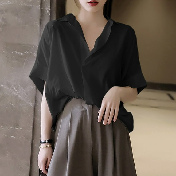 Ladies Vintage Shirt Loose Bat Sleeved French V Neck Shirt Short Sleeved Extra Long Sleeve T Shirt Women Formal Blouses Available Hooded Tunic Women Long Tunic Womens V Neck T Shirt Women V Neck Women