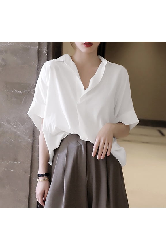 Ladies Vintage Shirt Loose Bat Sleeved French V Neck Shirt Short Sleeved Womens Tops Raglan Sleeves U Neck Shirts for Women Button down Womens Blouse Short Sleeve Workout Shirts for Women Button up