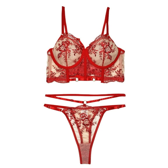 Ladies Voom French Embroidered Girl Strap Belly Sexy Underwear Set