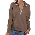 thumbnail image 1 of Ladies Waffle Knit Quarter Zip Pullover Sweater Top Long Sleeve Casual Loose Crop Sweatshirts Workout Fall Outfit (Medium, Khaki), 1 of 5