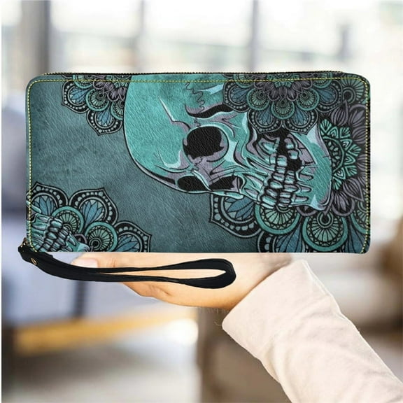 Ladies Wallet Leather Skull Women's Wallets with Zipper Multifunction Cardholder Slim Travel Girls Wristlets Passport Holders