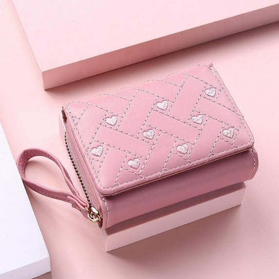Ladies Wallet Mauve Wallet Embroidered Heart Coin Purse Tri-Fold Card Holder B4