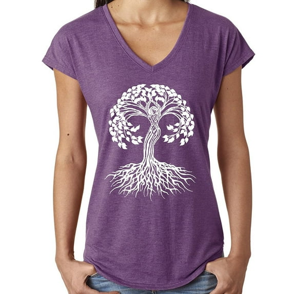 Ladies White Celtic Tree of Life Yoga V-neck Tee - Heather Aubergine, Medium