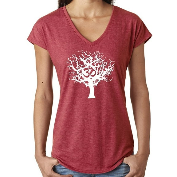 Ladies White Tree of Life V-neck Yoga Tee Shirt - Heather Red, Med