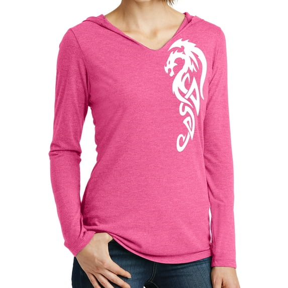 Ladies White Tribal Dragon Lightweight Hoodie V-neck Tee - Fuchsia, XL