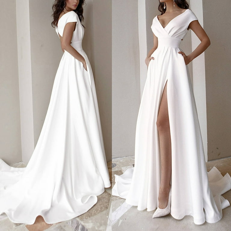 Ladies White V Neck Long Dress Evening Dress Formal Dress 