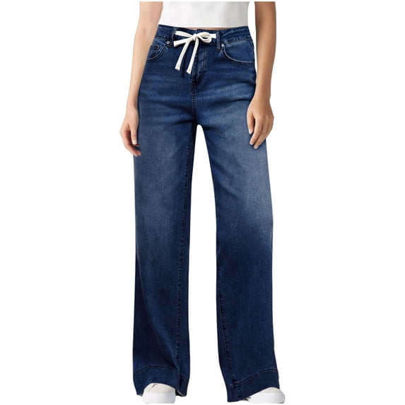 Ladies Wide Leg Jeans High Waist Drawstring Elastic Straight Trousers Loose Stretchy Denim Pants with Pockets Dark Blue XXL