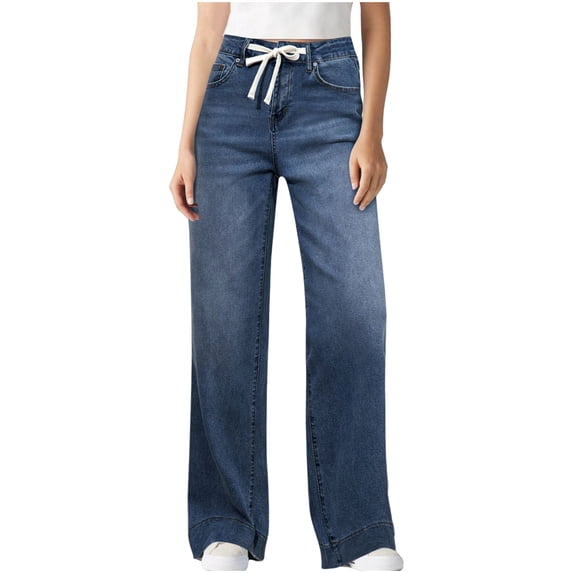 Ladies Wide Leg Jeans High Waist Drawstring Elastic Straight Trousers Loose Stretchy Denim Pants with Pockets Navy M