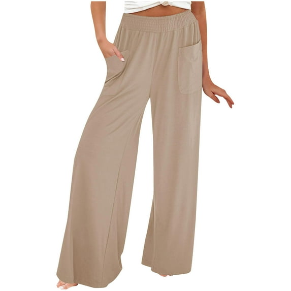 Ladies Wide Leg Lounge Pants Elastic High Waist Solid Lightweight Sweatpants Polyester Spandex Comfy Trousers (Large, Khaki)