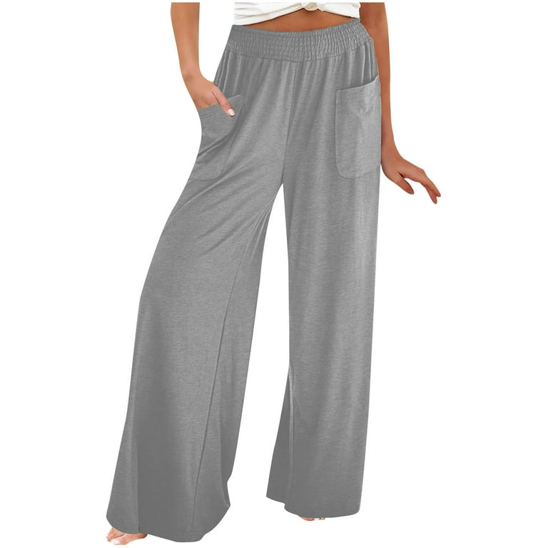 Ladies Wide Leg Lounge Pants Elastic High Waist Solid Lightweight Sweatpants Polyester Spandex Comfy Trousers X Large Gray
