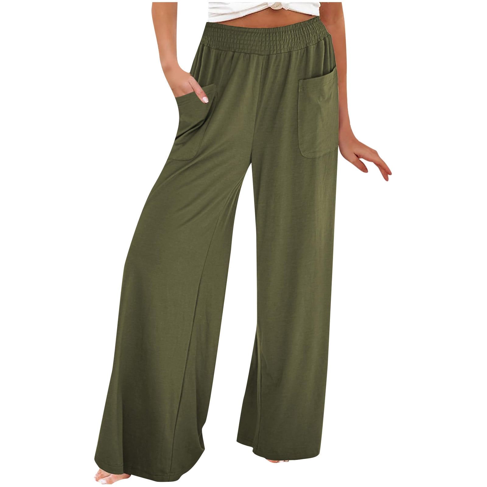 Ladies Wide Leg Lounge Pants Elastic High Waist Solid