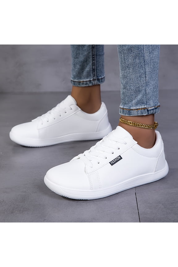 Ladies' Wide-width Minimalist Sneakers - Synthetic Upper, Black Lace-up Design, Stable and Supportive EVA Outsole, Breathable Lining, All-season Outdoor Casual Shoes, Comfortable to Wear, Suitable