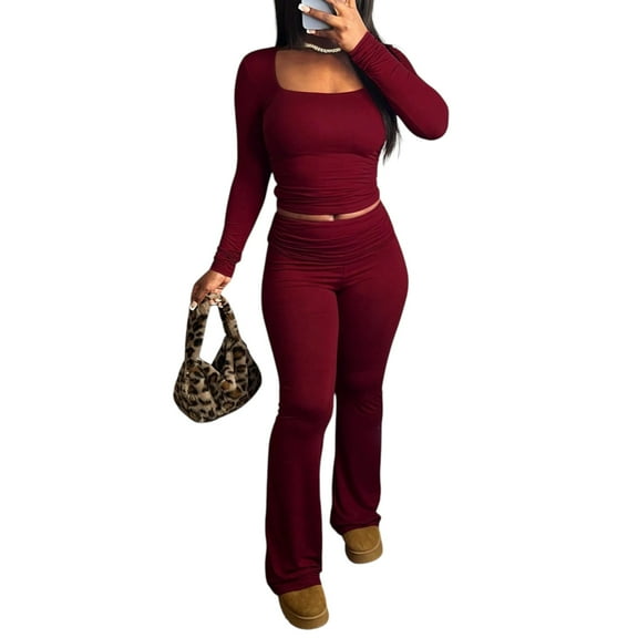 Women’s Wine Red Square‑Neck Crop & Flare 2‑Piece Set – Sporty Streetwear for Summer