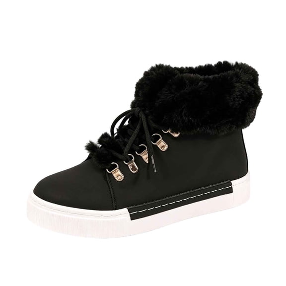 Ladies Winter Casual Ankle Booties Round Toe Front Lace Up Flat Sole, Pu Leather Fleece Lined Us 5.5