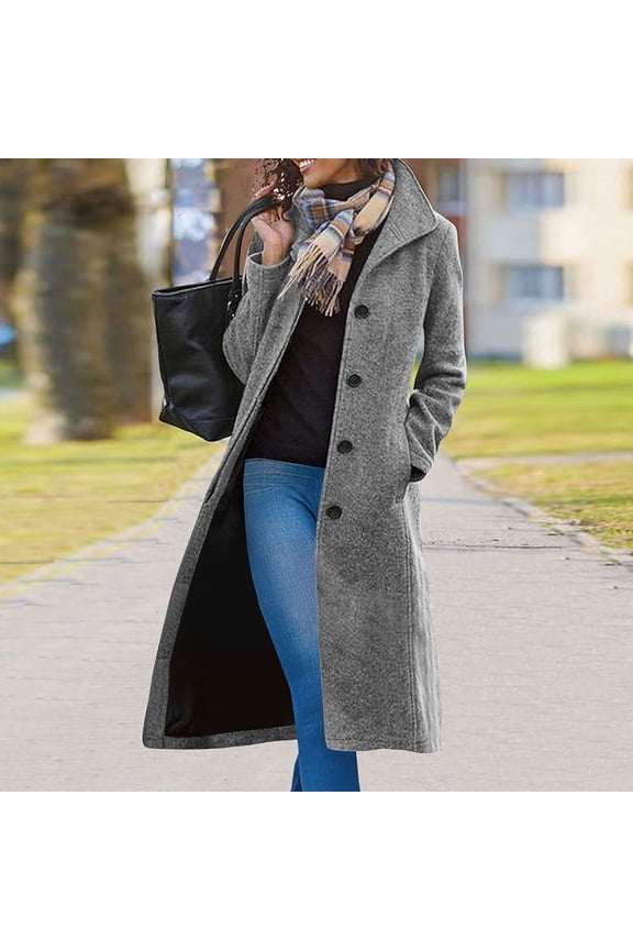 Ladies Winter Coats Plus Size, Women's Solid Casual Thicken Wool Stand Collar Inner Lining Pocket Breasted Pea Mao Coat, Outerwear Women, Dark Gray-M