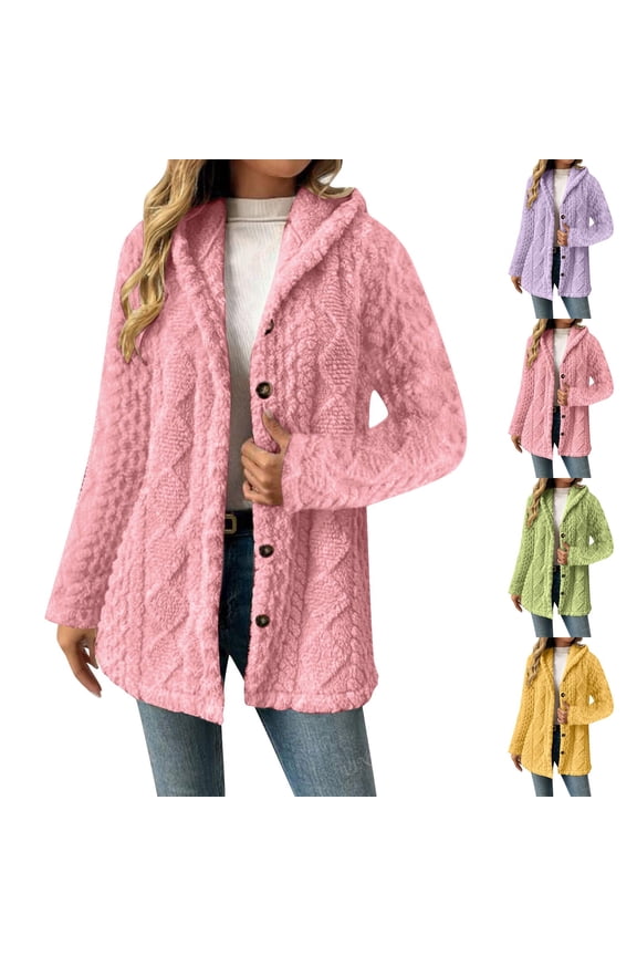 Fleece Jacket for Women Soft Fleece Sherpa Hooded Jackets Casual Button Down Fuzzy Cardigan Sweaters Winter Teddy Coats Outerwear