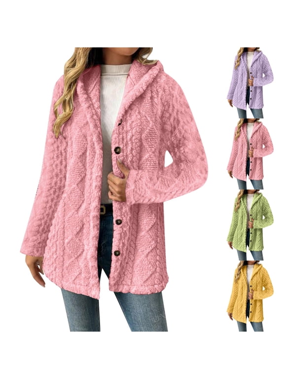 Fleece Jacket for Women Soft Fleece Sherpa Hooded Jackets Casual Button Down Fuzzy Cardigan Sweaters Winter Teddy Coats Outerwear