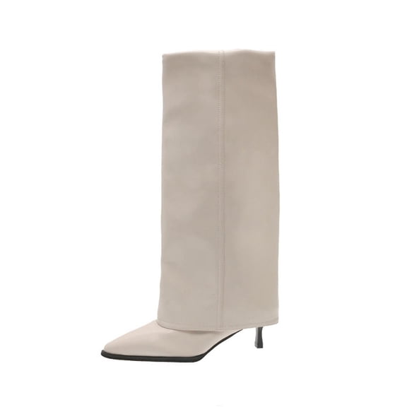 Ladies Winter Knee High Booties Pointed Toe High Heel Cuffed, Pu Leather Trouser Style Us 5.5