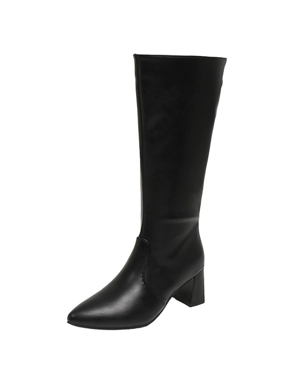 Ladies Winter Knee High Booties Square Toe Back Zip Chunky High Heel, Pu Leather Solid Us 6.5