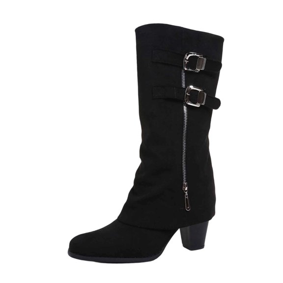 Ladies Winter Mid Calf Booties Round Toe Chunky Heel Belt Buckle, Flock Suede Casual Us 5