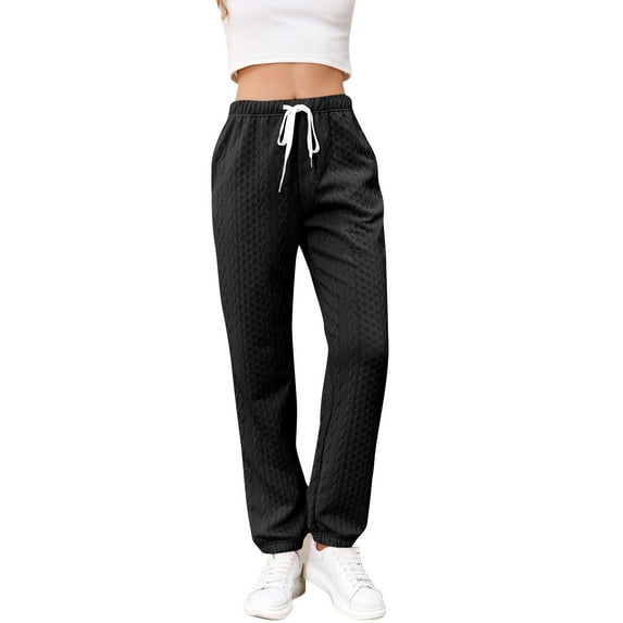 Ladies Winter Pants Lace-up High Waist Pockets Cotton Thermal Sweatpants Knit Textured Pajama Bottoms Joggers (Large, Black)