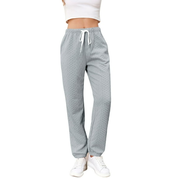 Ladies Winter Pants Lace-up High Waist Pockets Cotton Thermal Sweatpants Knit Textured Pajama Bottoms Joggers (Medium, Gray)