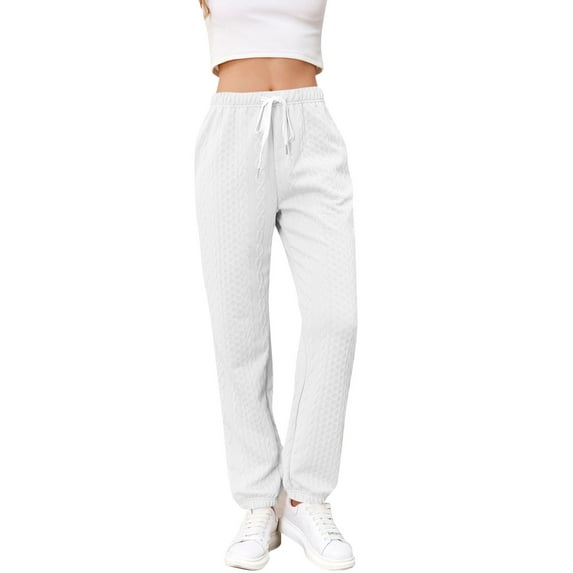 Ladies Winter Pants Lace-up High Waist Pockets Cotton Thermal Sweatpants Knit Textured Pajama Bottoms Joggers (X-Large, White)