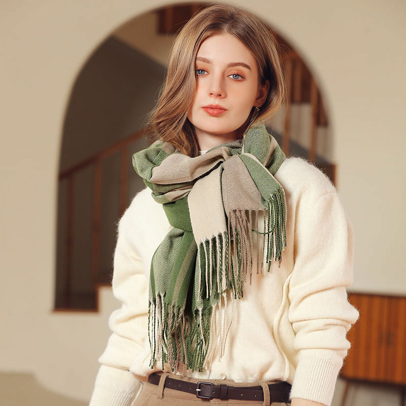 Ladies Winter Scarf Plaid Imitation Cashmere Shawl Thickened Warm Fringe Scarf Green