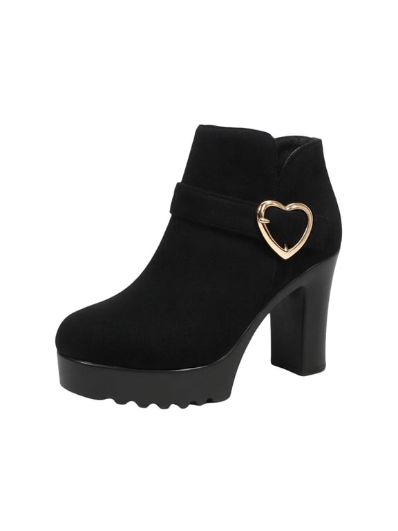 Ladies Winter Short Boots Chunky Heel Metal Heart Embellishment, Pu Leather Plus Size Casual Us 6