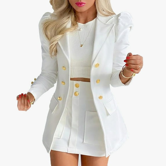Ladies With Pockets Blazer And Skirt Set Slim Fit Formal Suit Sets Long Sleeve Two Piece Outfit